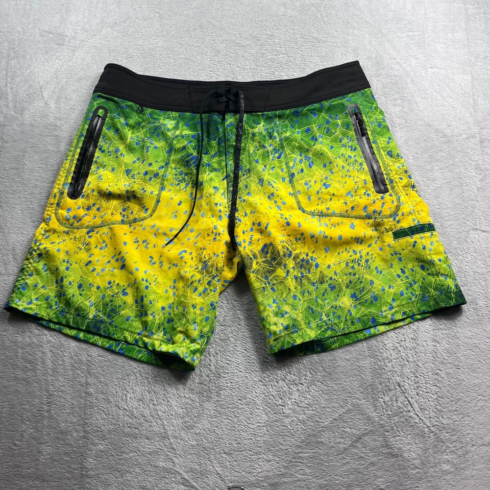 Pelagic Hydro-Lite Pro Fishing Board‎ Shorts Mens 38 Green Yellow Dorado Print